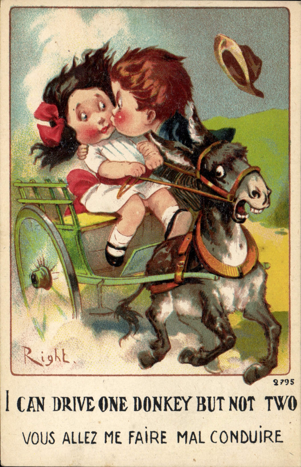 CPA Fantaisie Illustrateur Enfants I can drive one donkey but not two Ane Mule Right 