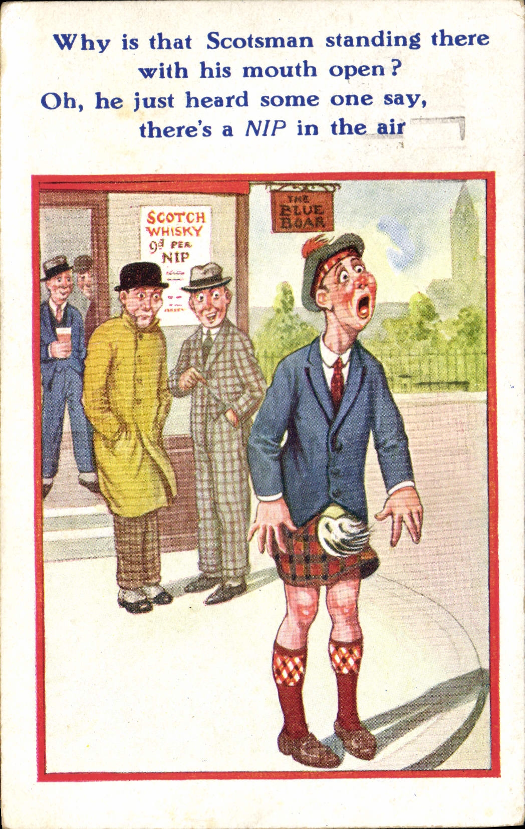CPA Fantaisie Illustrateur Why is that Scotsman standing ther with his mouth open ? 