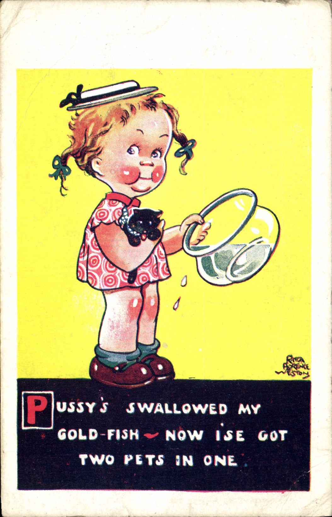 CPA Fantaisie Illustrateur Enfant Pussy's swallowed my Gold Fish Poisson rouge Chat 