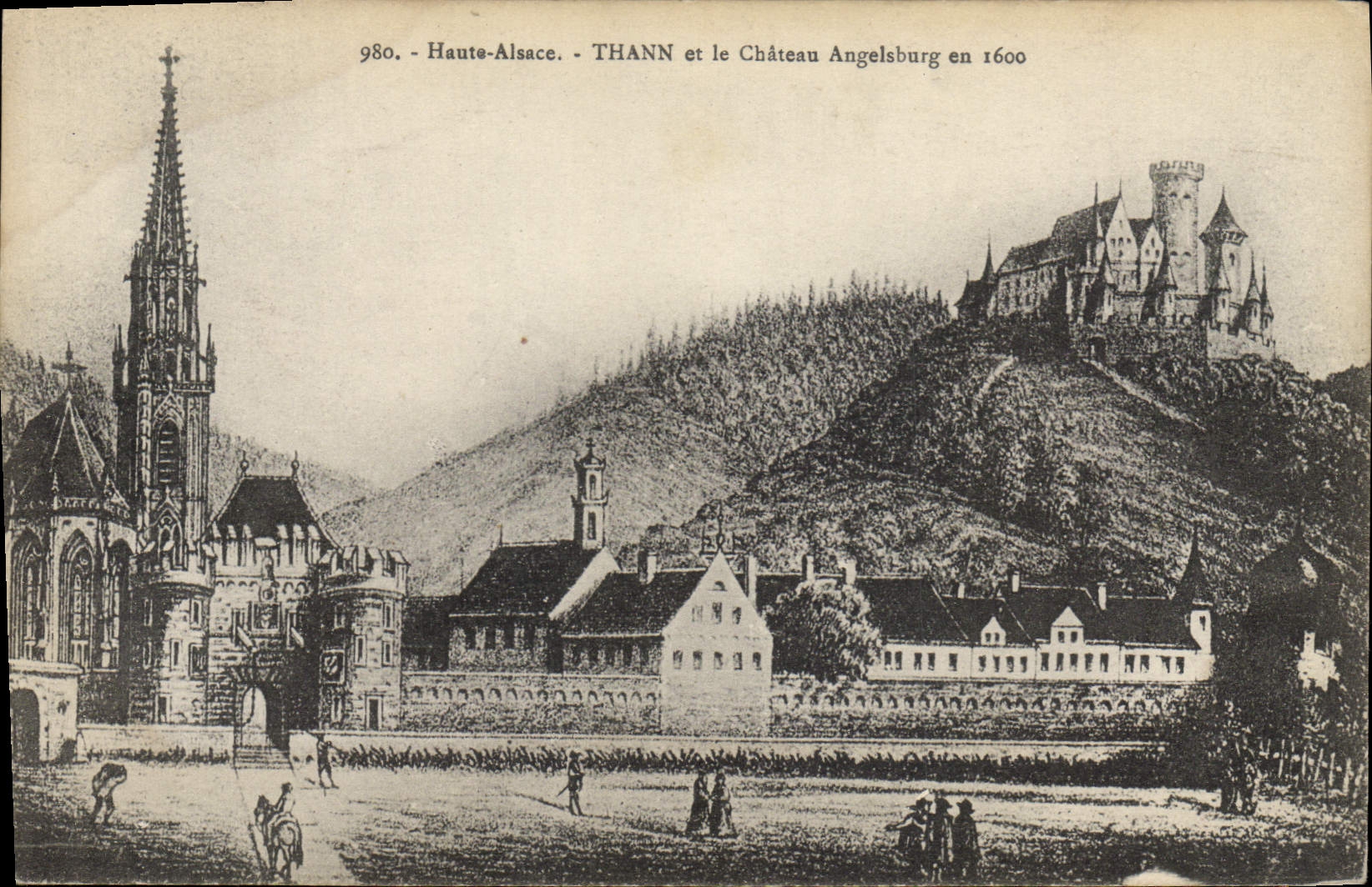 CPA Haute Alsace Thann et la chateau Angelsburg en 1600 