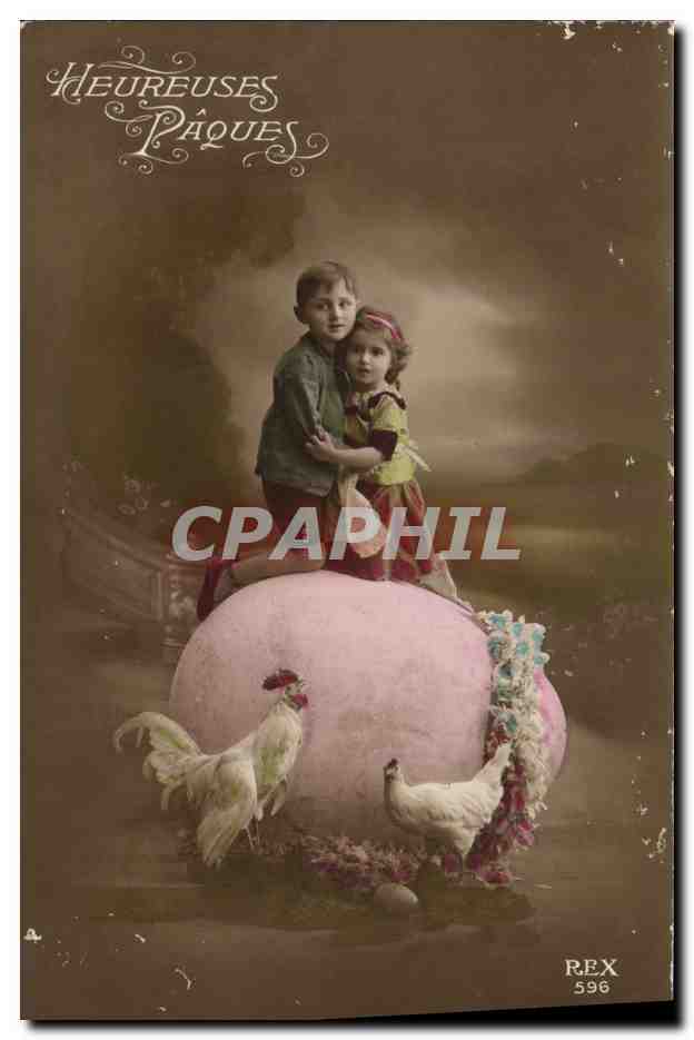 CPA Enfants Coq poule oeuf Paques 