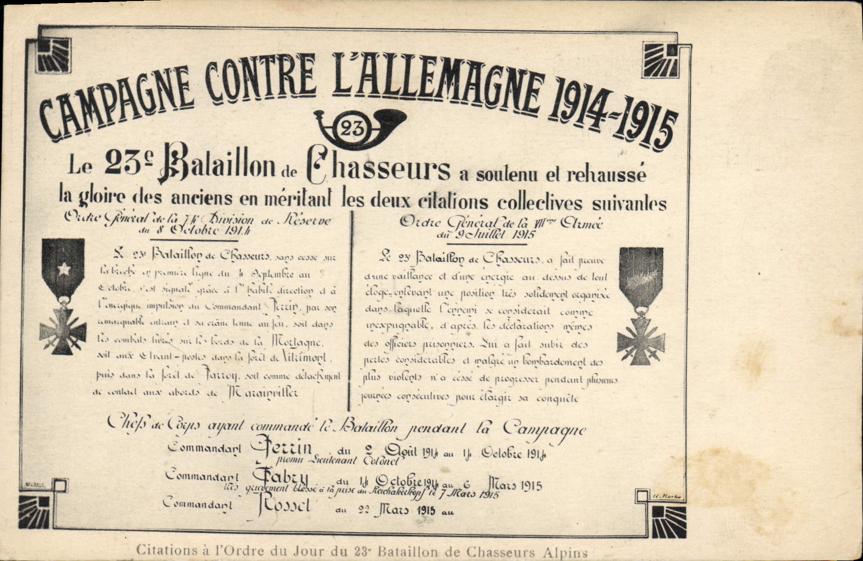 Campagne contre l'Allemagne 1914-1915 — 23e Bataillon de Chasseurs — Citations à l'Ordre du Jour du 23e Bataillon de Chasseurs Alpins