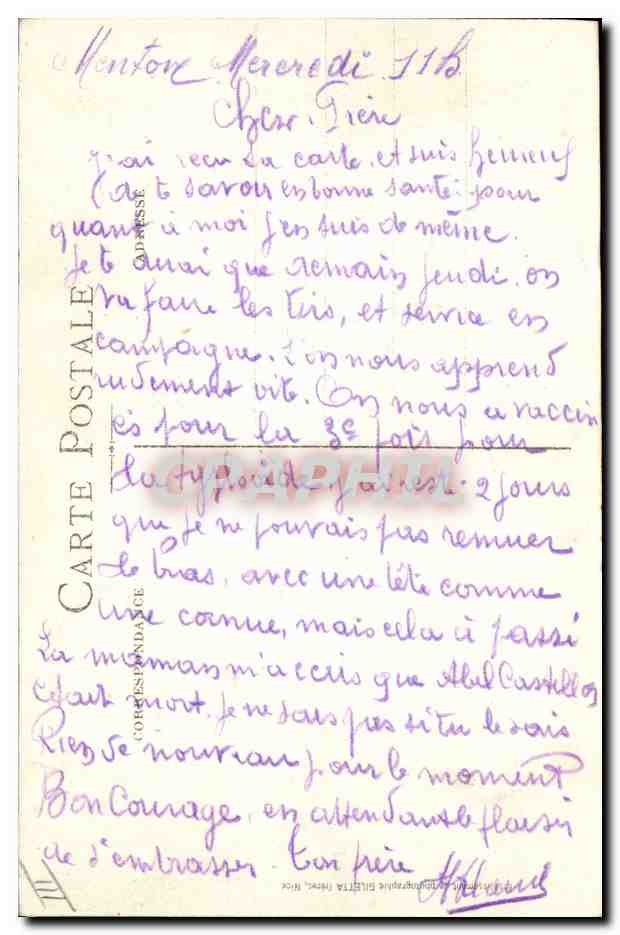 Nos Chasseurs Alpins (Les Diables Bleus) — Au cantonnement - La Soupe — Édition Giletta, n° 1523 — Verso