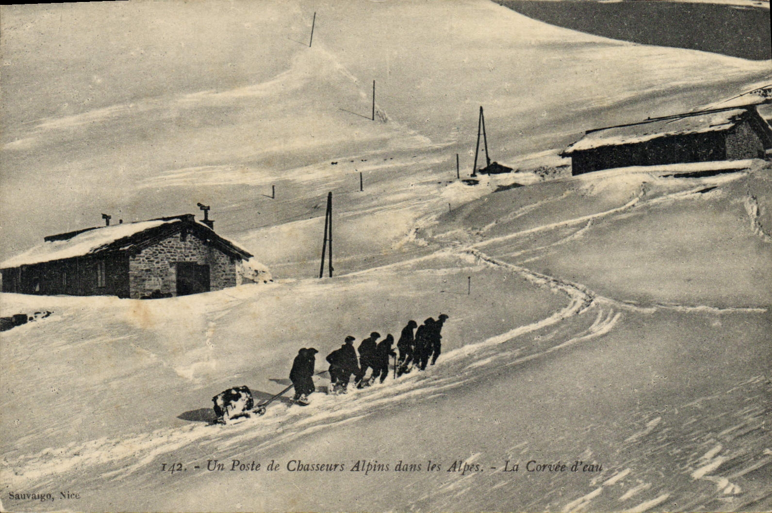 Sauvaigo, Nice — Un Poste de Chasseurs Alpins dans les Alpes. — La Corvée d'eau — n° 142