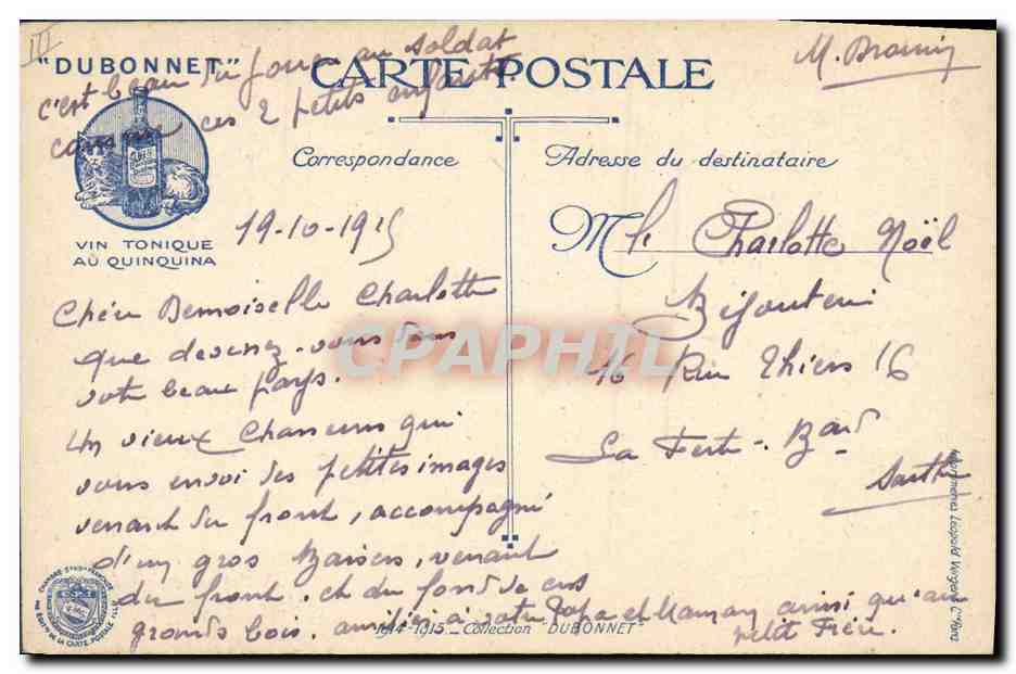 CPA Folklore Alsace Enfants Dubonnet — Verso