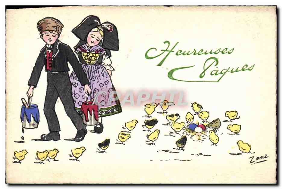 CPA Folklore Alsace Enfants Paques Poussins