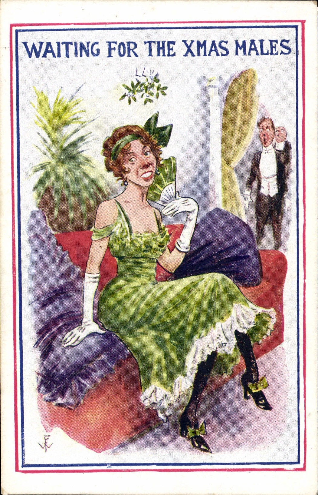 CPA Fantaisie Illustrateur Femme Waiting for the Wmas males