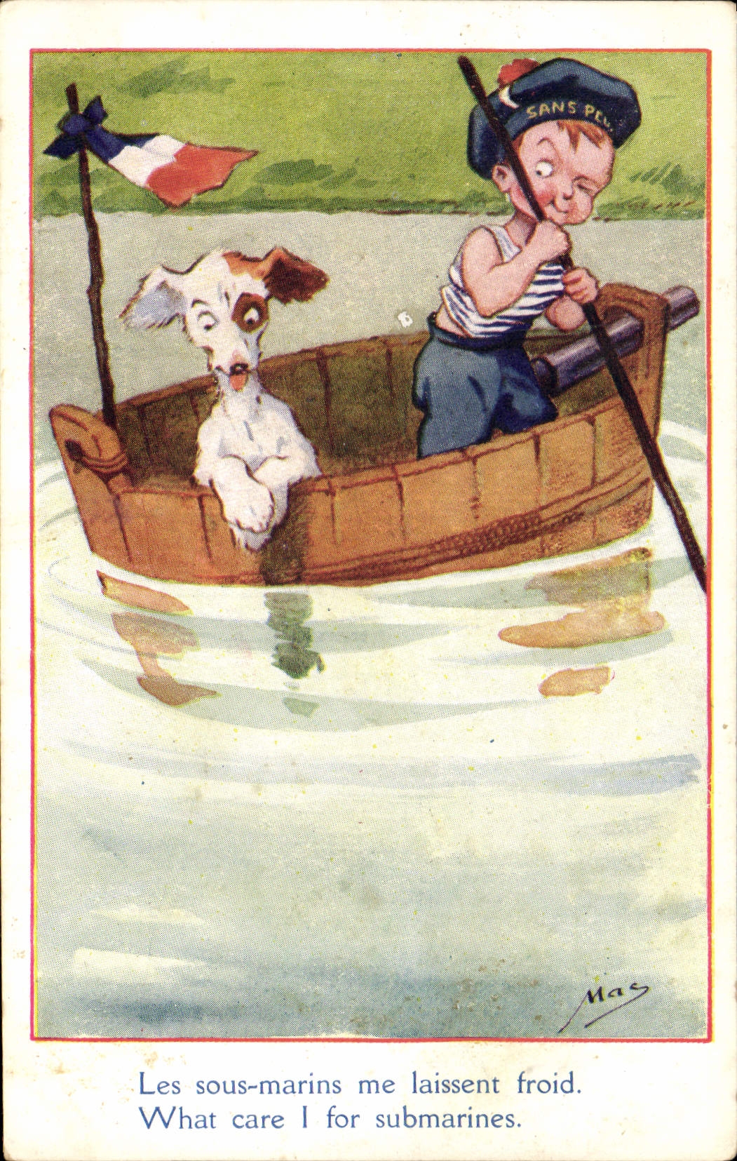 CPA Fantaisie Illustrateur Enfant Chien Barque