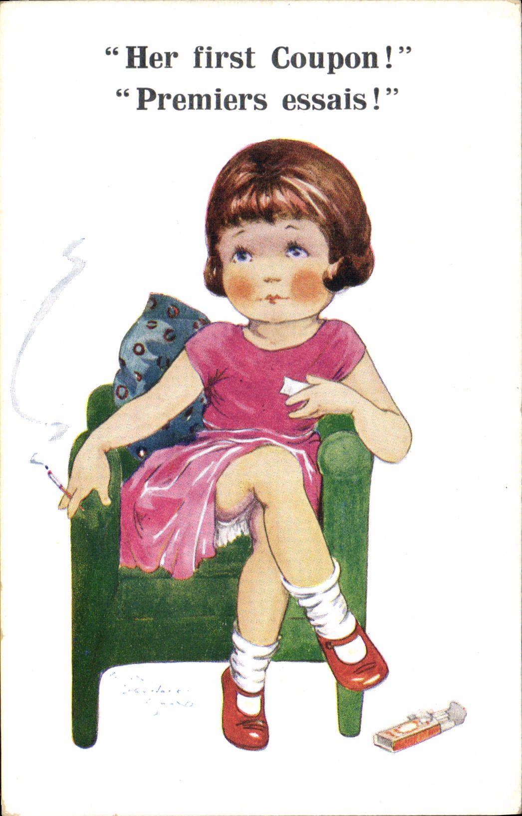 CPA Fantaisie Illustrateur Enfants Her first coupon ! Cigarette Tabac