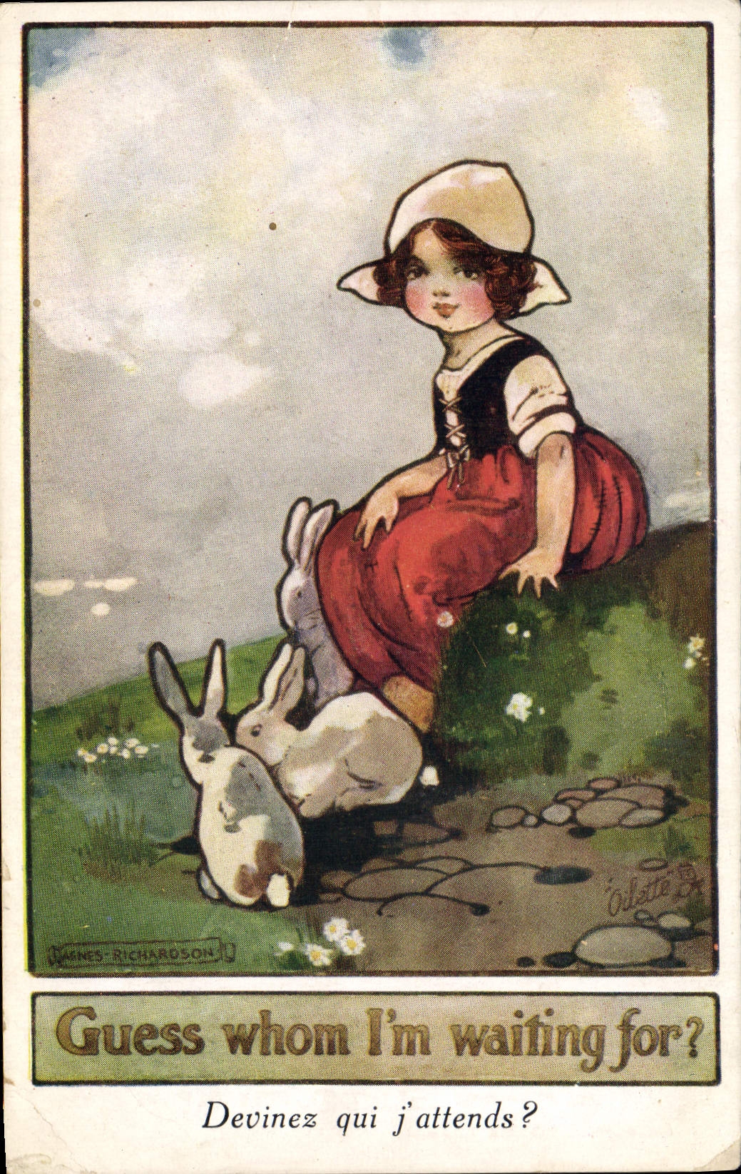 CPA Fantaisie Illustrateur Enfant Guess whom i'm waiting for ? Lapin