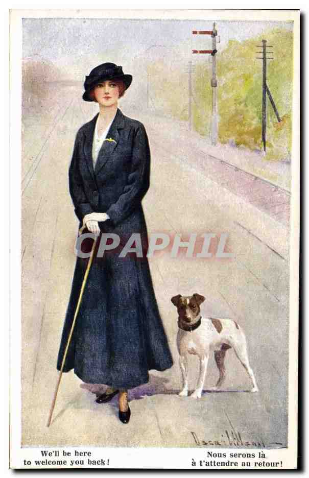 CPA Fantaisie Illustrateur Femme Chien Nous serons la a t'attendre au retour