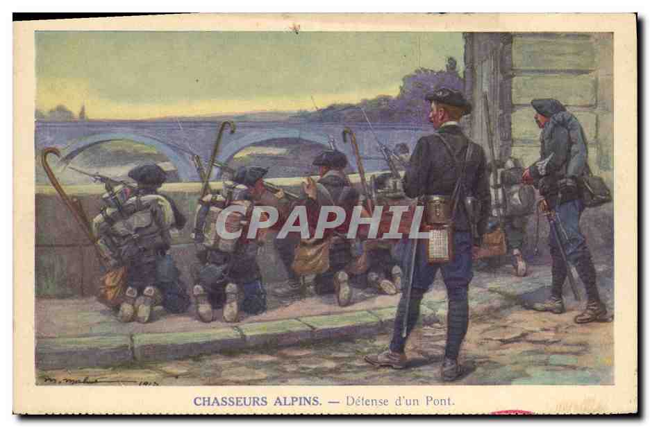 CPA Militaria Chasseurs alpins Defense d'un pont
