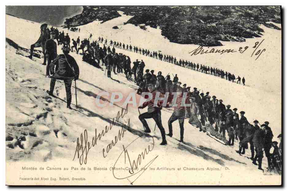Montée de Canons au Pas de la Beccia (Mont-Cenis) par les Artilleurs et Chasseurs Alpins — Papeterie des Alpes Eug. Roberti, Grenoble