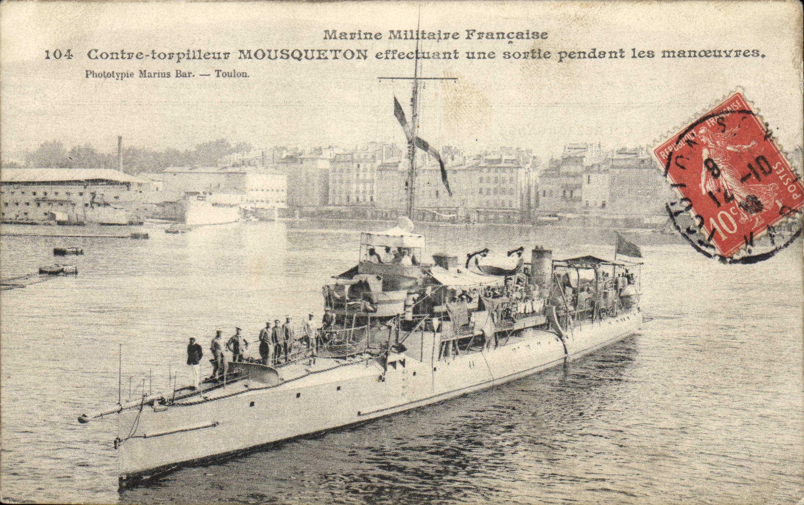 Contre-torpilleur MOUSQUETON — Marine Militaire Française effectuant une sortie pendant les manœuvres à Toulon — Phototypie Marins Bar