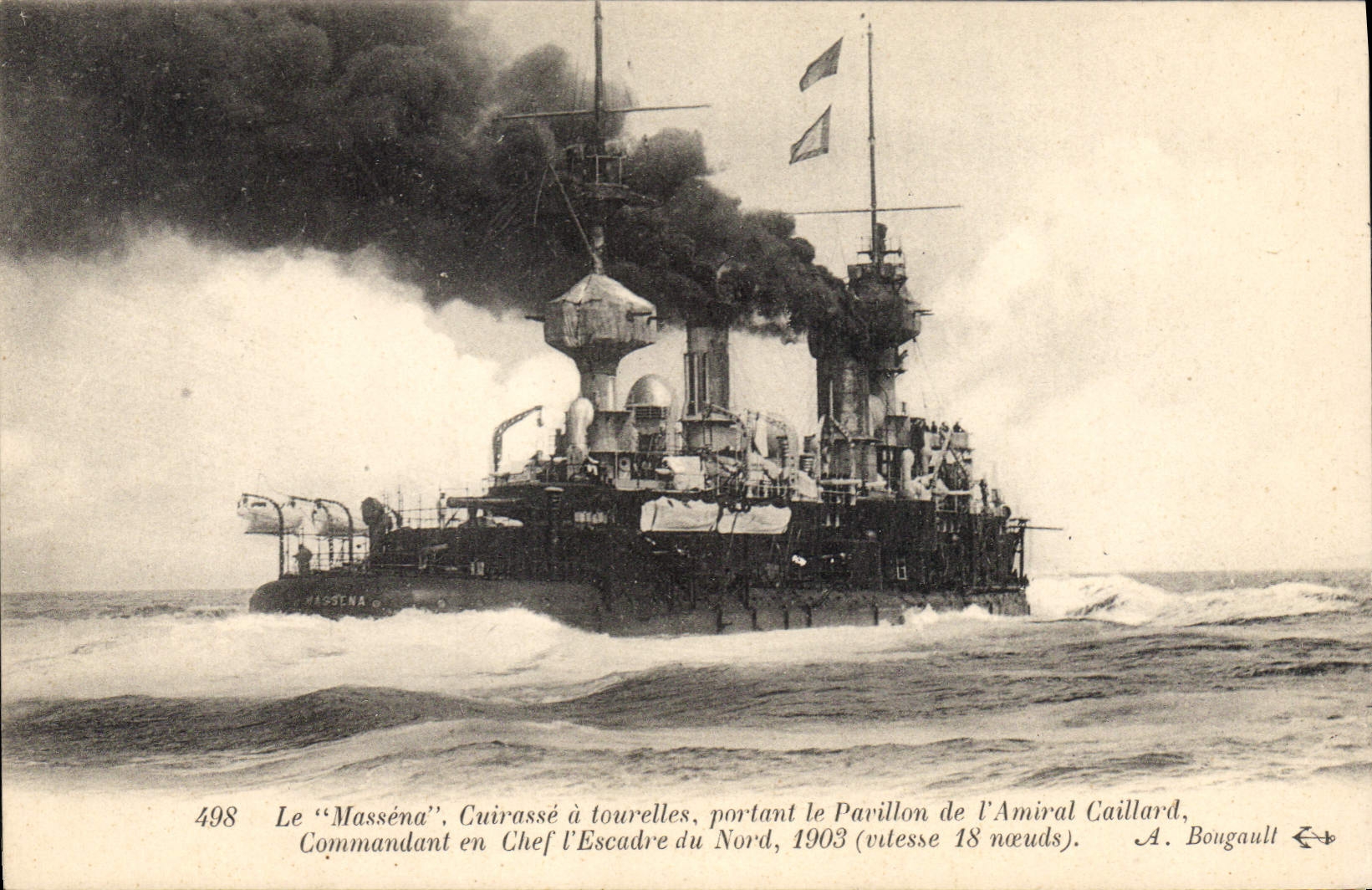 Le "Masséna" — cuirassé à tourelles, chef d'escadre du Nord, 1903 — A. Bougault, n° 498