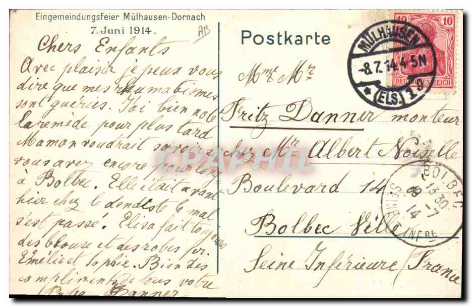 CPA Folklore Mulhausen Dornach 7 Juni 1914  — Verso