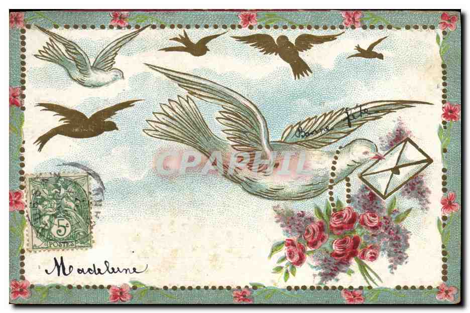 CPA Fantaisie Fleurs Oiseaux Colombe