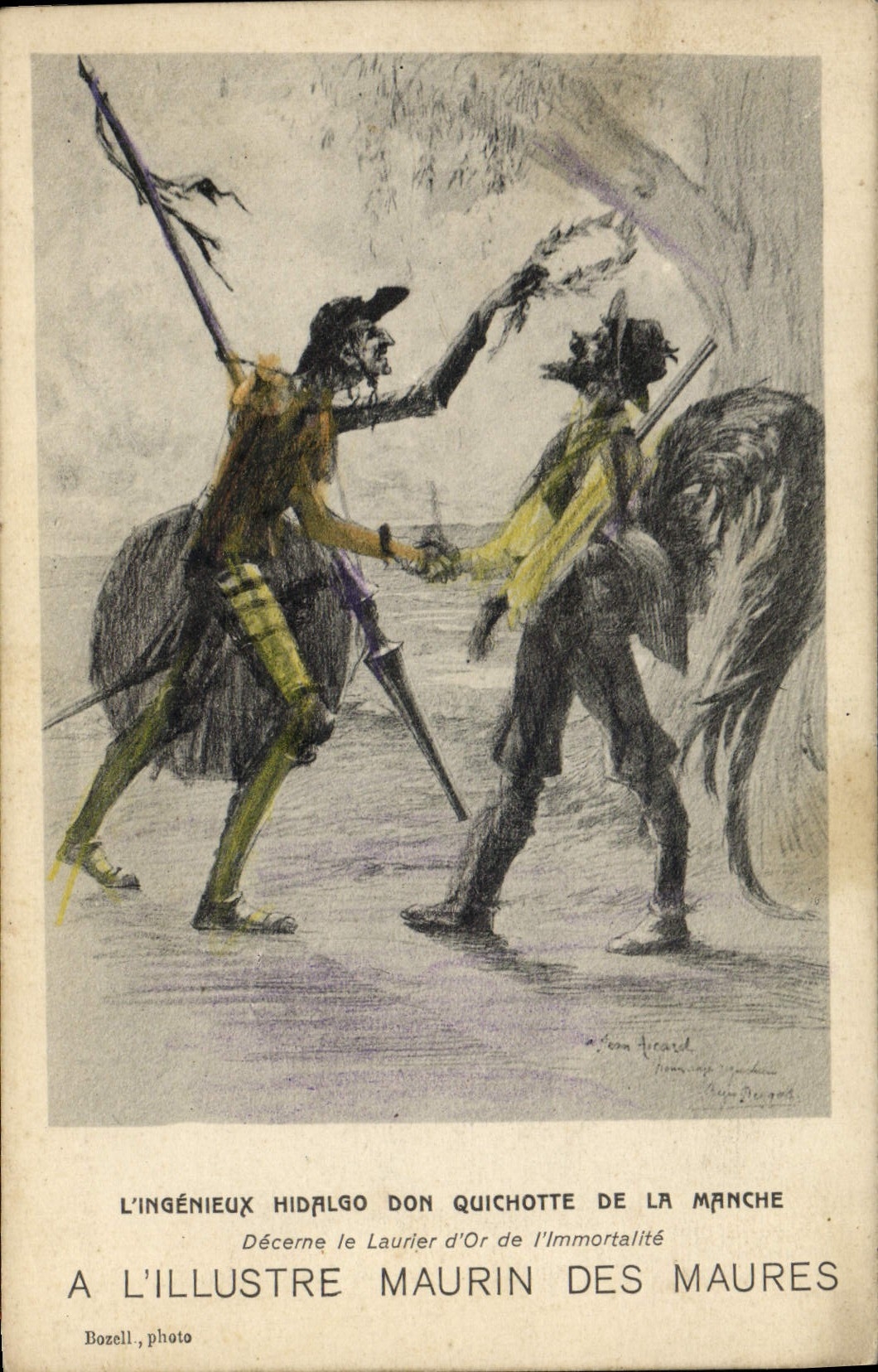 CPA Bibliotheque L'ingenieux Hidalgo Don Quichotte de la Manche a l'illustre Maurin des Maures Coq