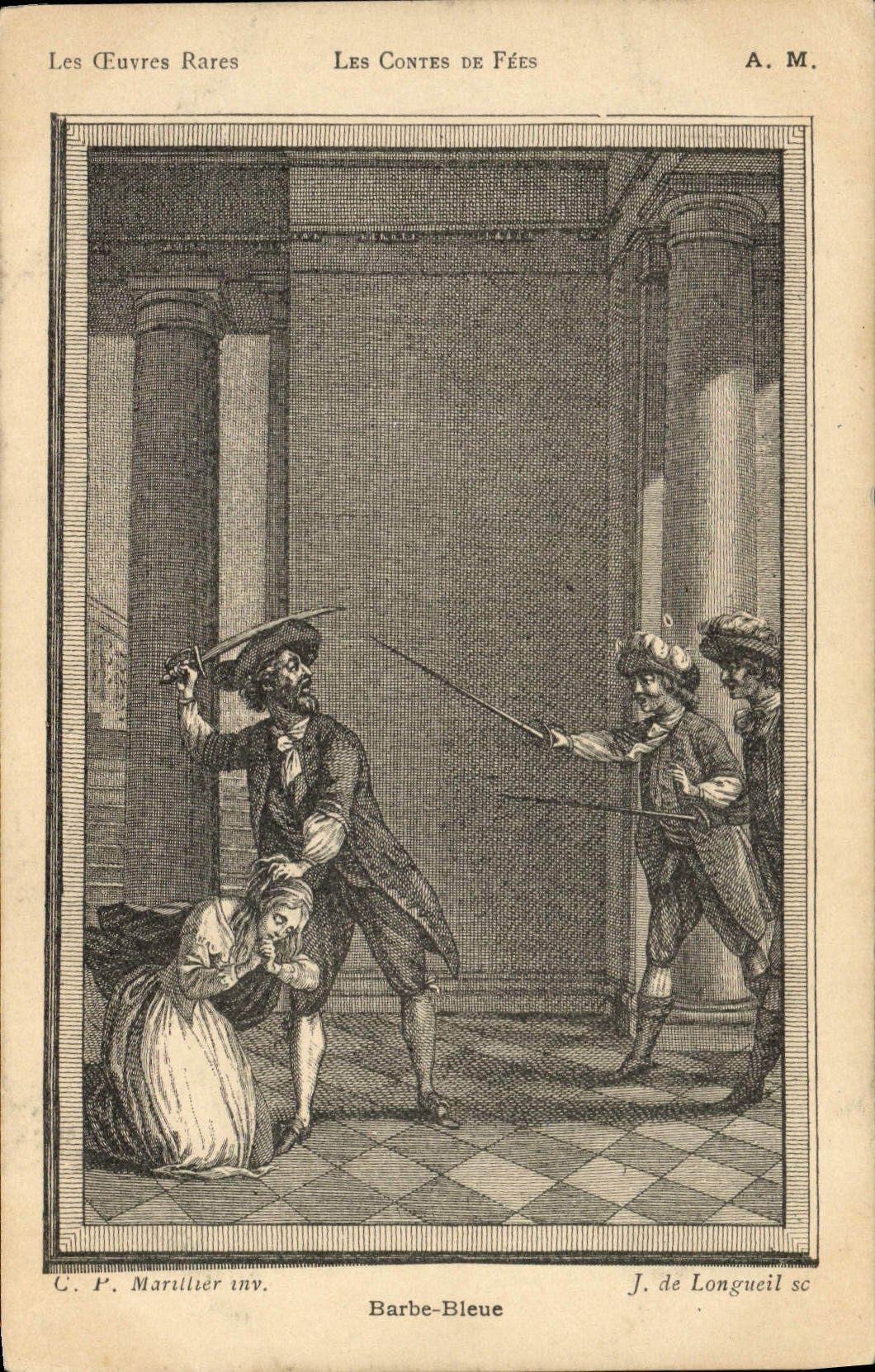 Barbe-Bleue — scène de la fable — gravure de C. F. Marullier, dessin de J. de Longueil, éditée par A. M.