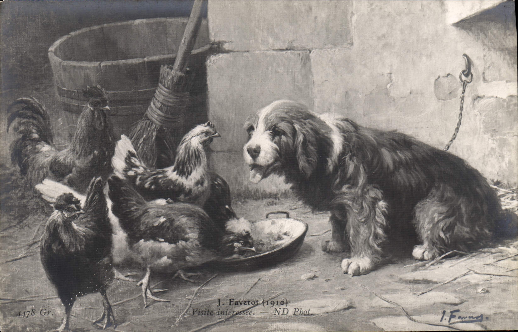 CPA Faverot Visite interessee Coq Poule Chien 