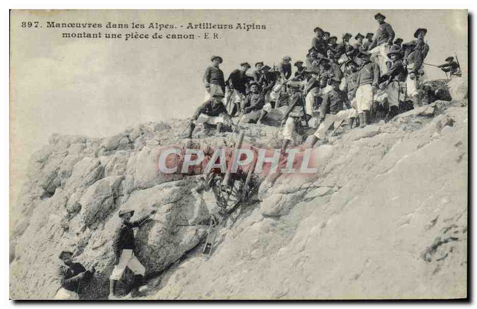 Manœuvres dans les Alpes — Artilleurs Alpins montant une pièce de canon — E.R. n°897