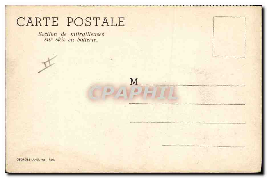 CPA Militaria Chasseurs Alpins Section de mitrailleuses sur skis en batterie — Rückseite