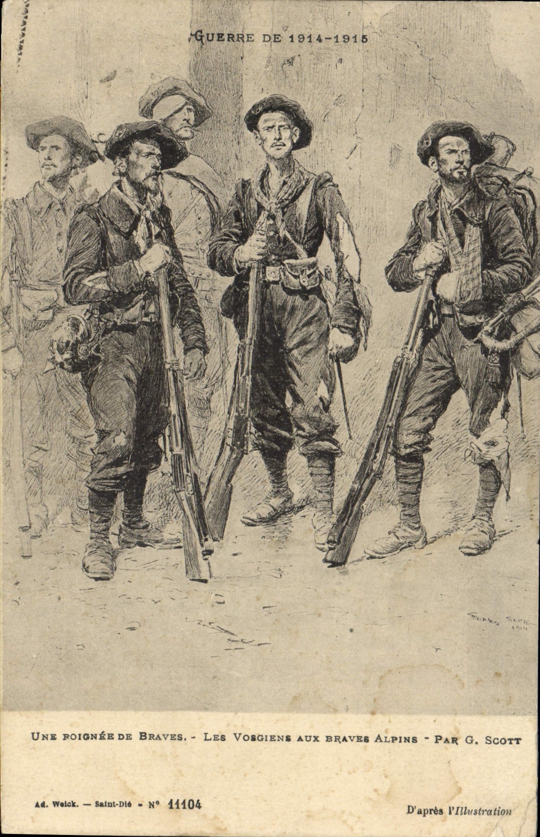 CPA Militaria Chasseurs Alpins Une poignee de braves Les Vosgiens aux braves alpins Scott