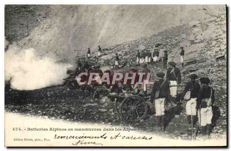 Batteries Alpines en manœuvres dans les Alpes — Édition Gilletta, phot., Nice, n° 474