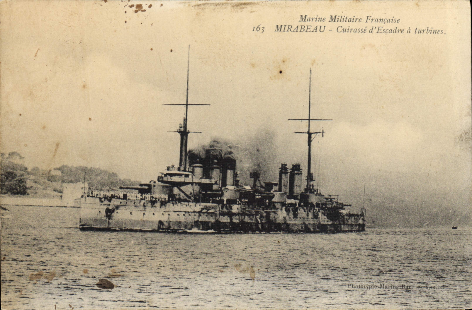 Bateau de guerre français Mirabeau — cuirassé d'escadre à turbines — Phototypie Marine Bar, Toulon