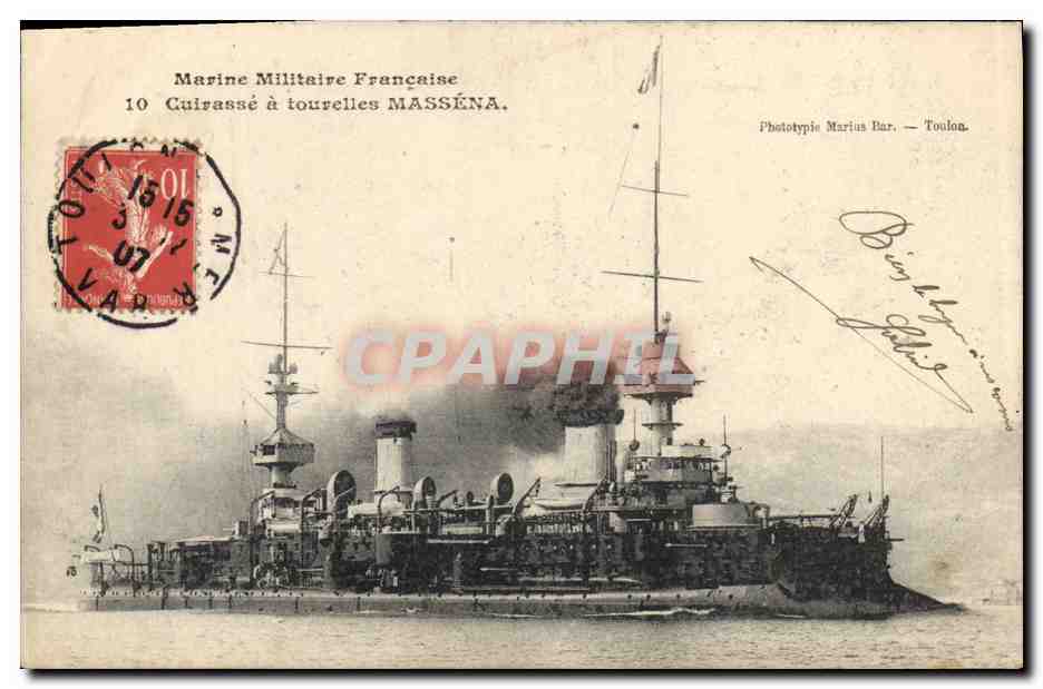 Cuirassé à tourelles MASSÉNA — Marine Militaire Française — Phototypie Marius Bar, Toulouse
