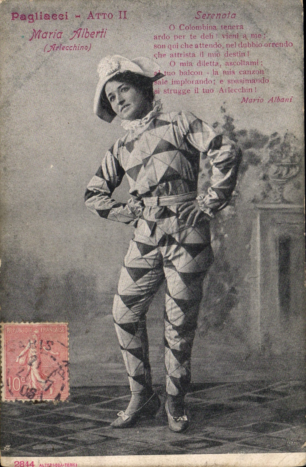 Maria Alberti — Arlecchino dans Pagliacci — Atto II — éditeur Alterocca-Terni, n° 2844