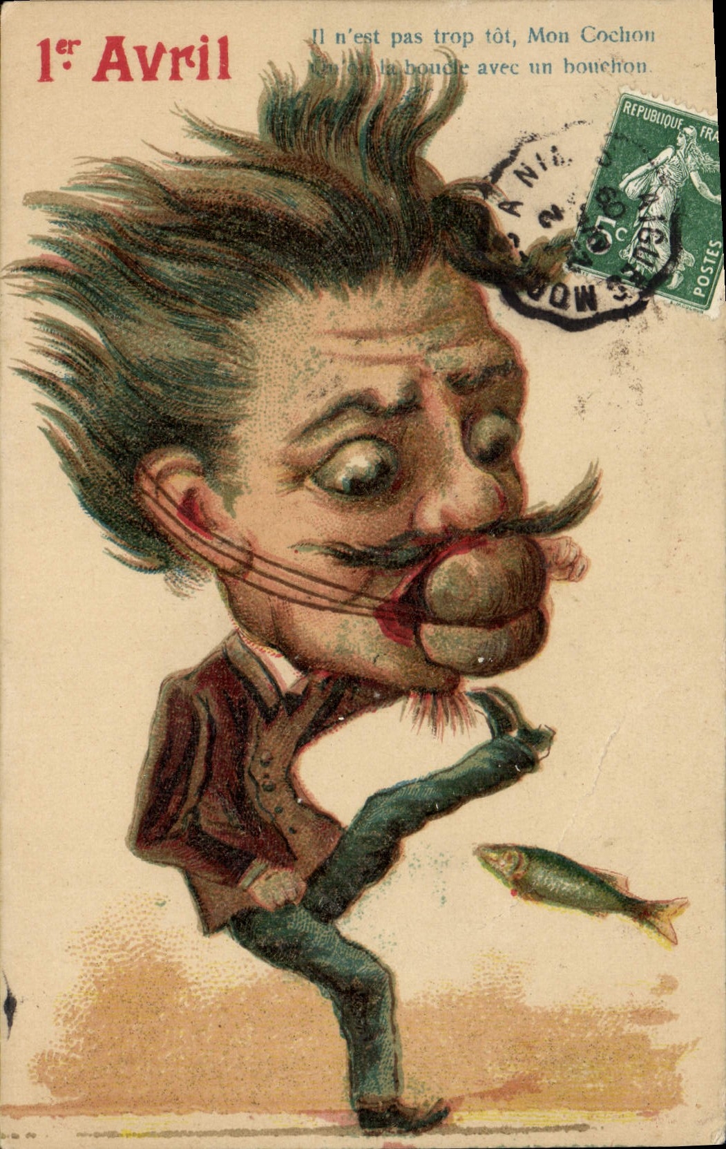 Caricature d'un homme avec poisson — 1er Avril — éditeur non visible