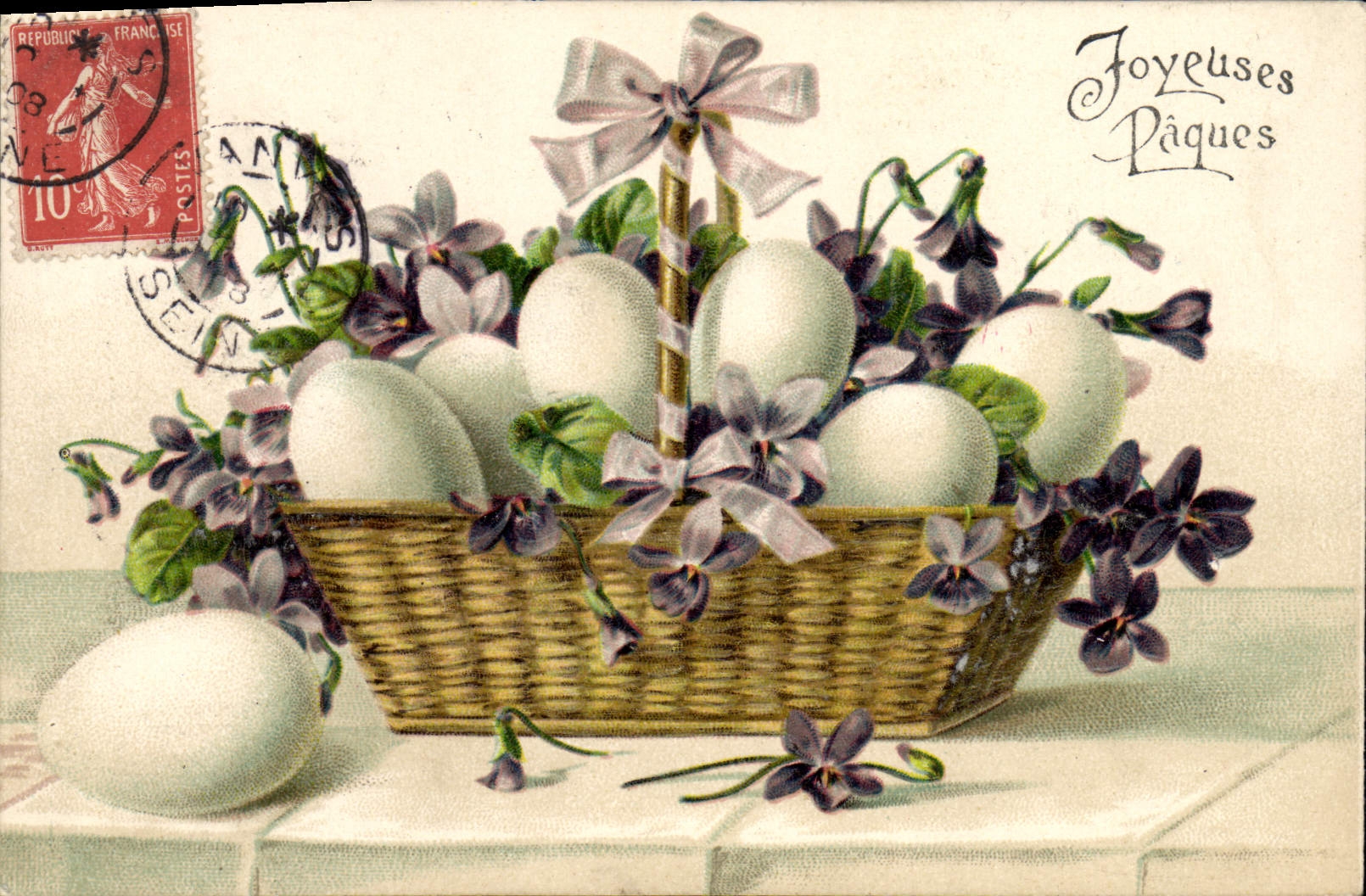 Panier d'œufs et de violettes — Joyeuses Pâques — éditeur non visible