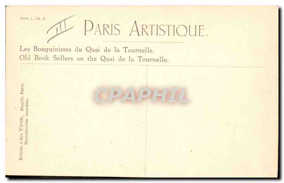 Les Bouquinistes du Quai de la Tournelle — Paris — Édition d'Art YVON, Série 1, No. 8 — Reverso