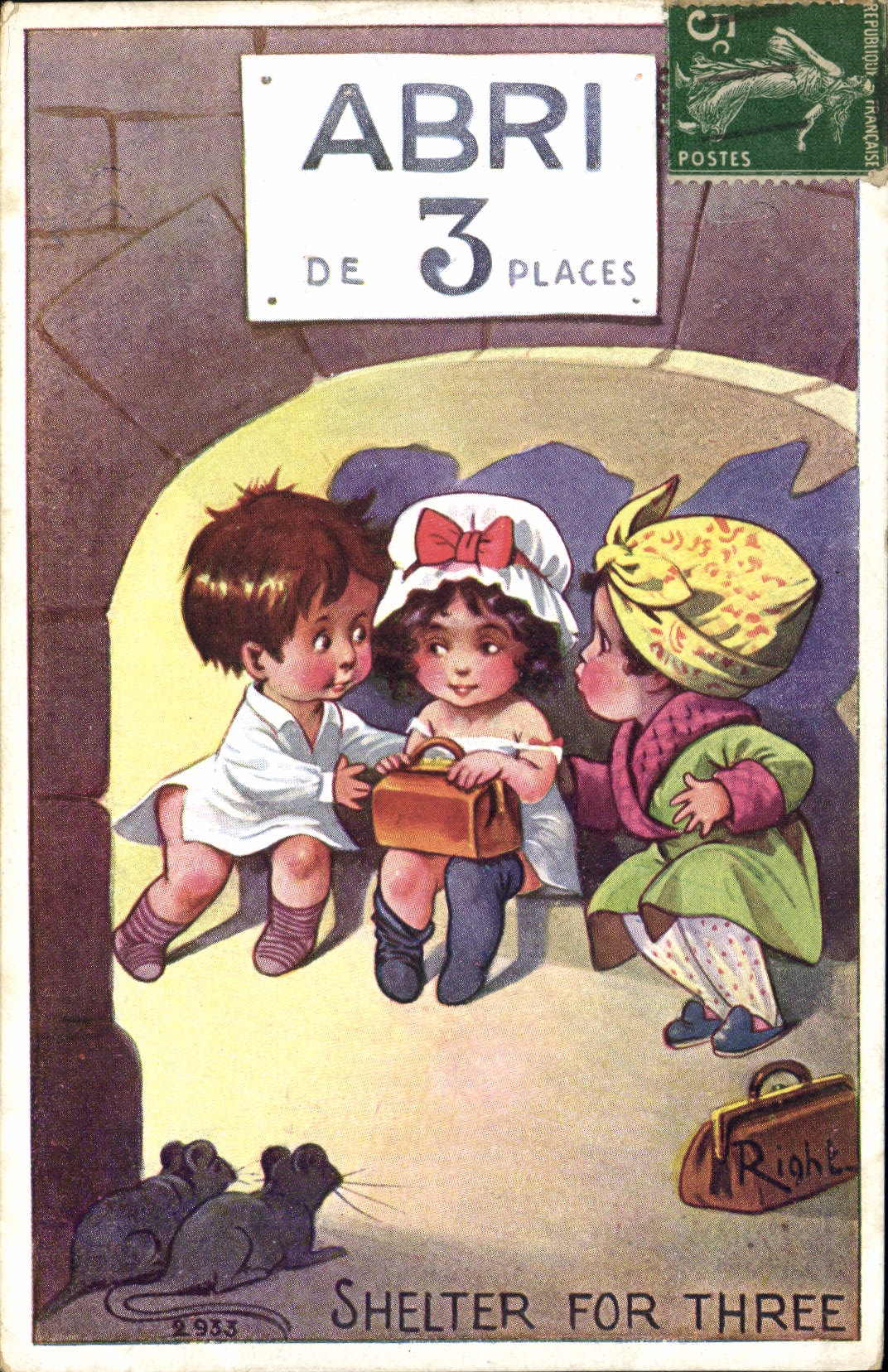 CPA Fantaisie Illustrateur Enfants Shelter for three Souris 