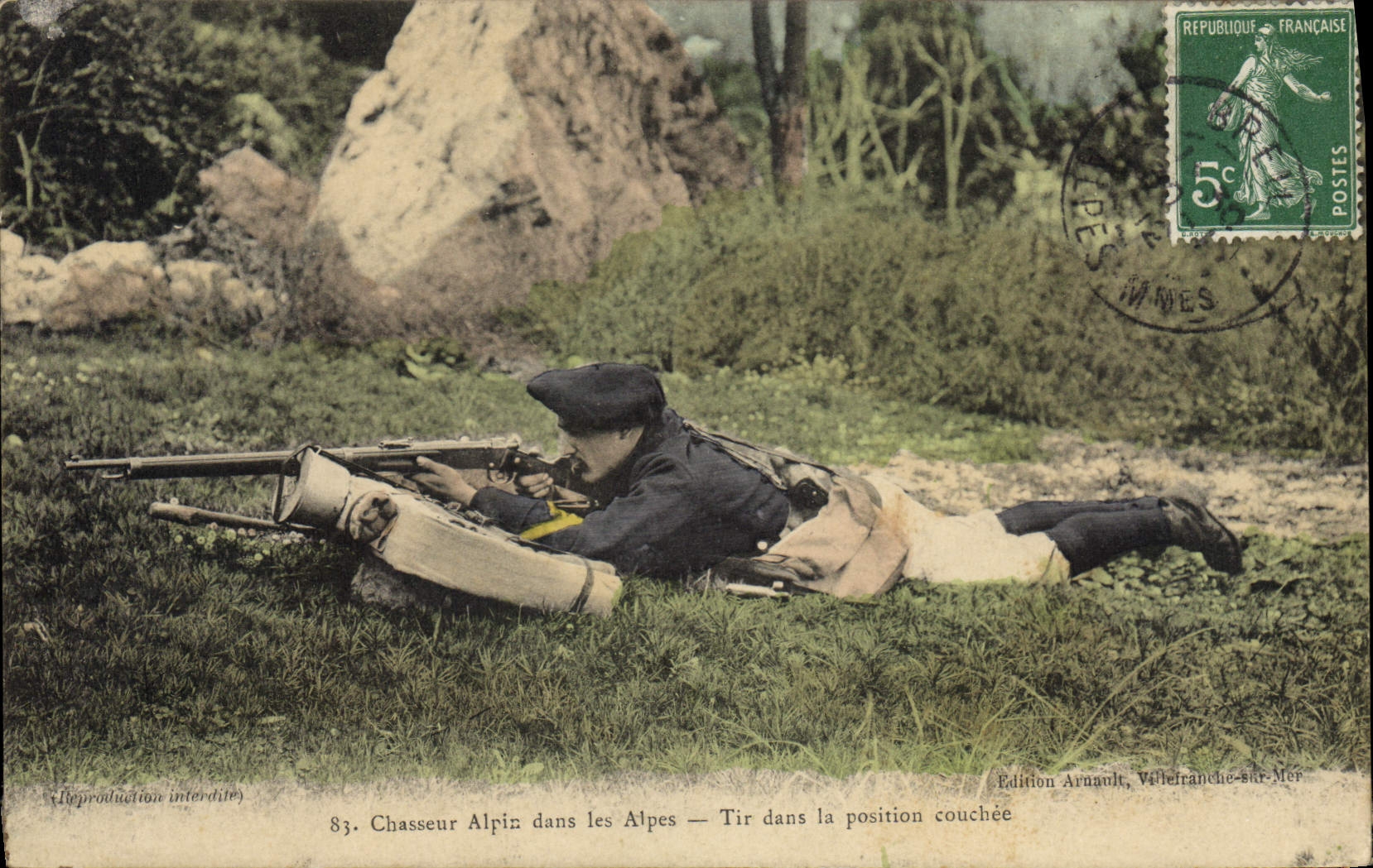 Chasseur Alpin dans les Alpes — Tir dans la position couchée — Edition Arnaudt, Villefranche-sur-Mer
