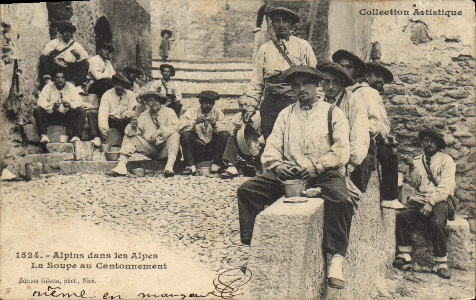 Alpins dans les Alpes — La Soupe au Cantonnement — Édition Giletta, phot., Nice, n° 1524
