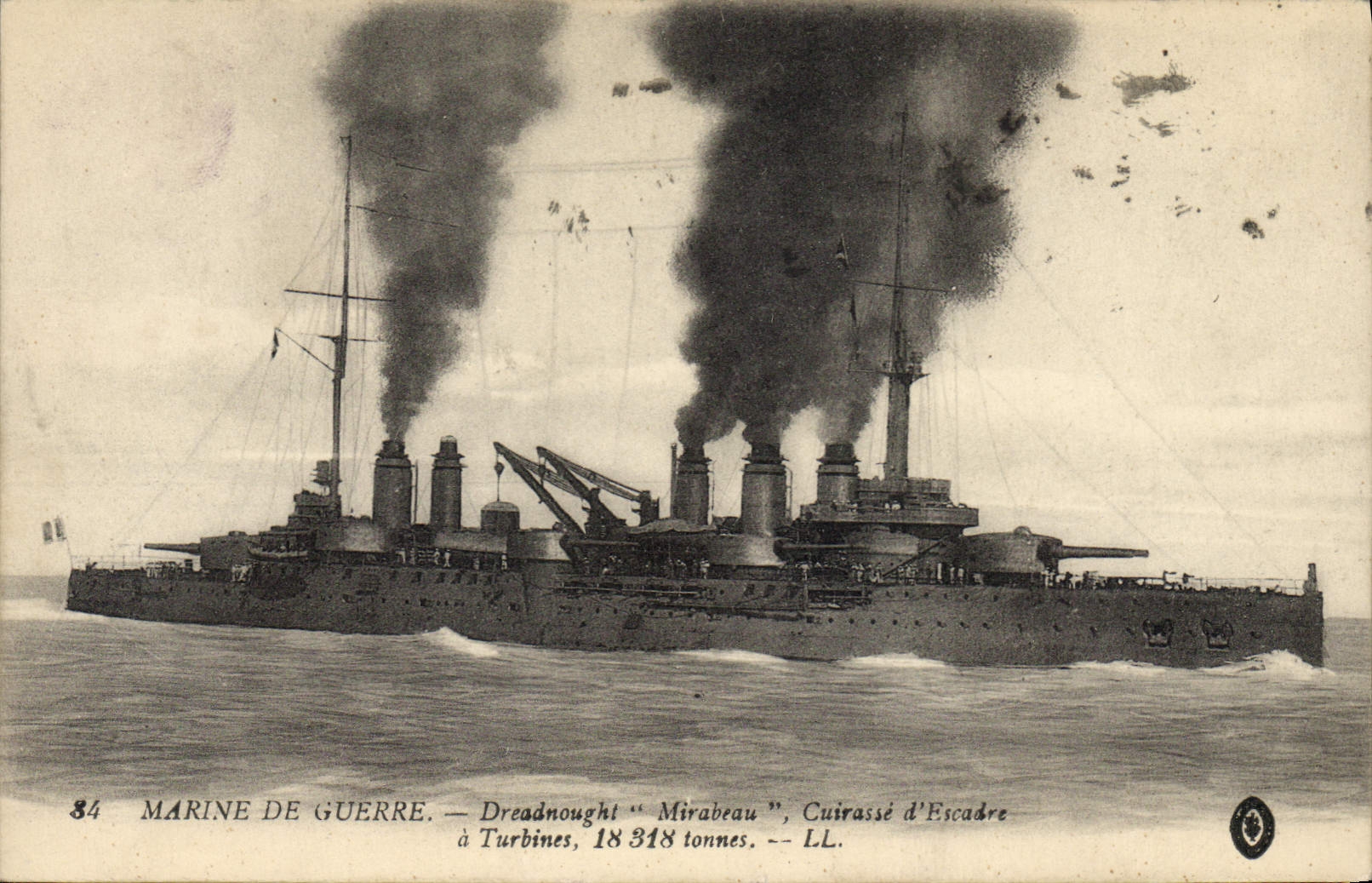 Dreadnought "Mirabeau" — Cuirassé d'Escadre à Turbines, 18 318 tonnes — Marine de Guerre