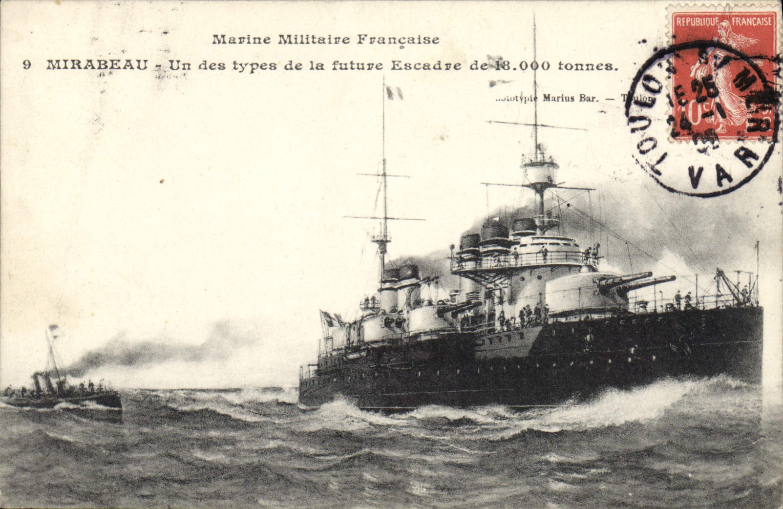 Bateau de guerre français Mirabeau — Marine Militaire Française — éditeur Marius Bar, Toulon