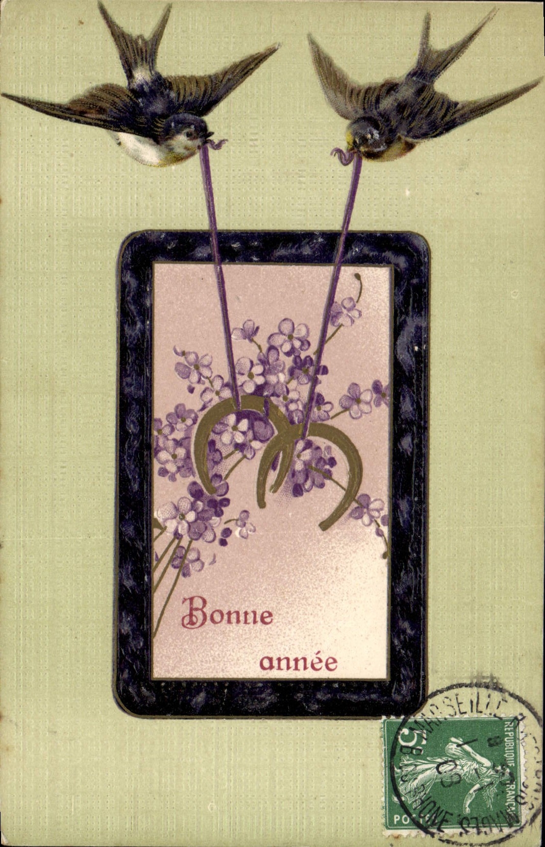 CPA Fantaisie Fleurs Hirondelles Fer a cheval 