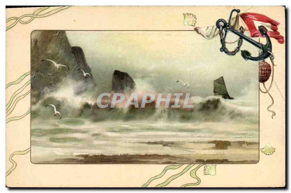 Scène maritime avec falaises et voile — Union postale universelle