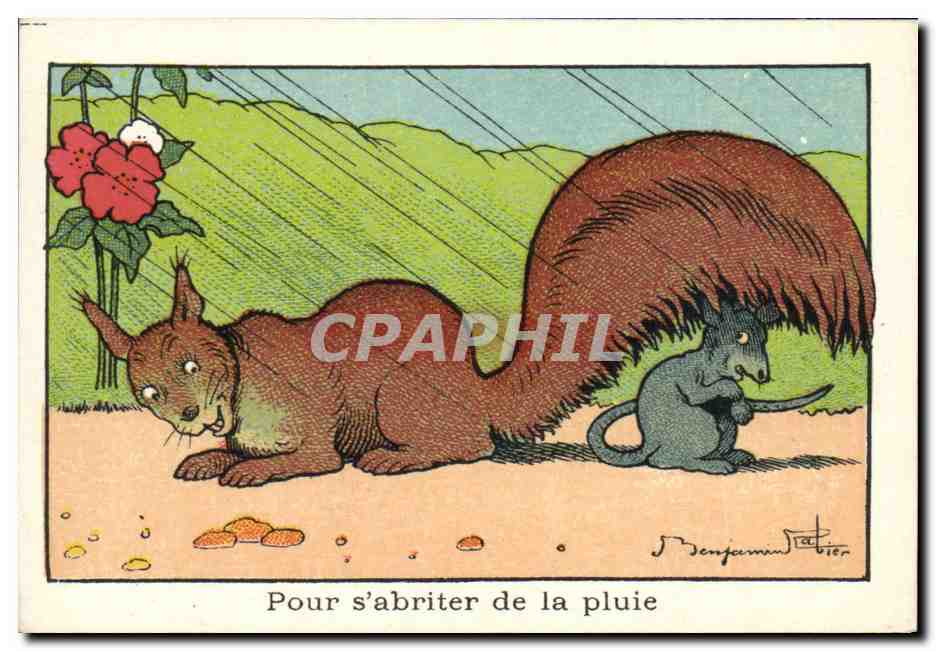 Image Benjamin Rabier Pour s'abriter de la pluie Ecureuil Souris
