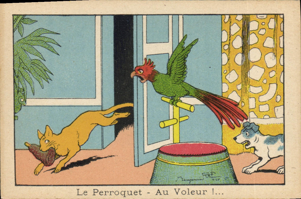 Image Benjamin Rabier Le perroquet Au voleur ! Chat Chien