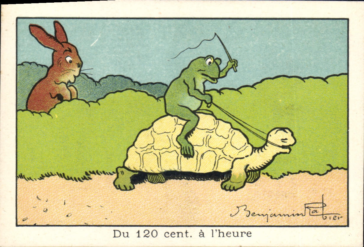 Frog riding turtle — Rabbit watching — Benjamin Rabier