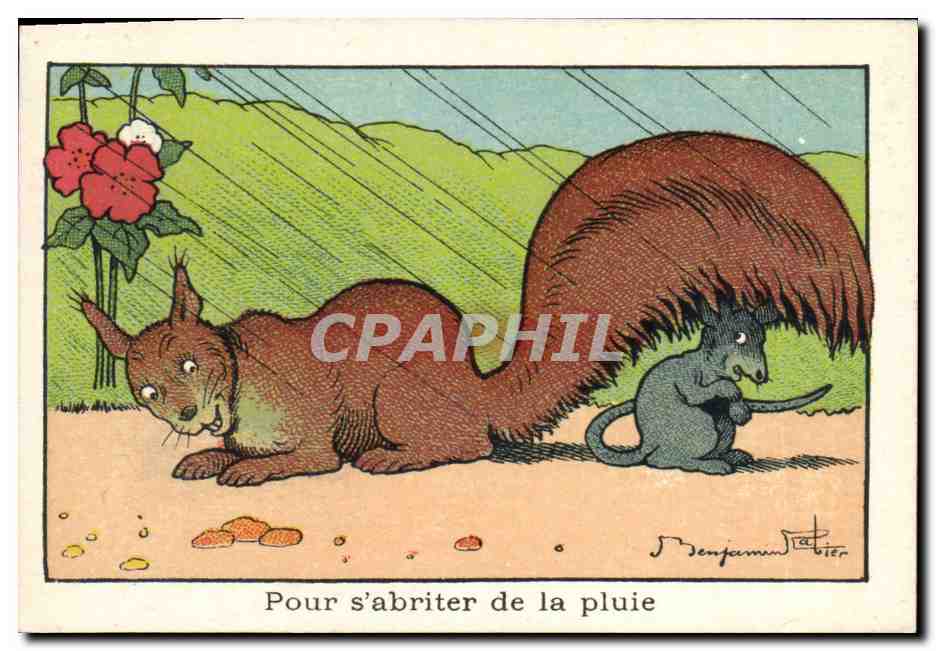Image Benjamin Rabier Pour s'abriter de la pluie Ecureuil Souris