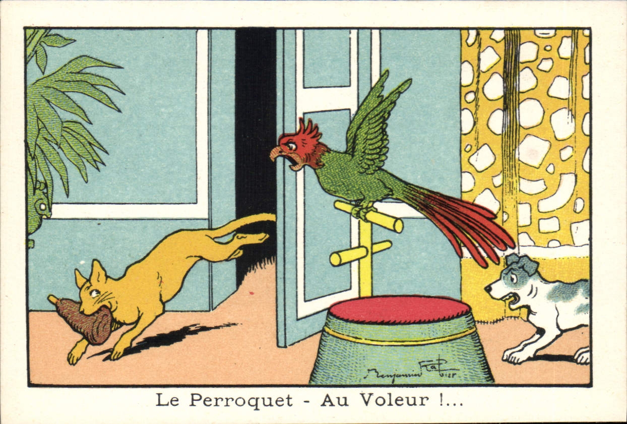 Image Benjamin Rabier Le perroquet Au voleur ! Chat Chien