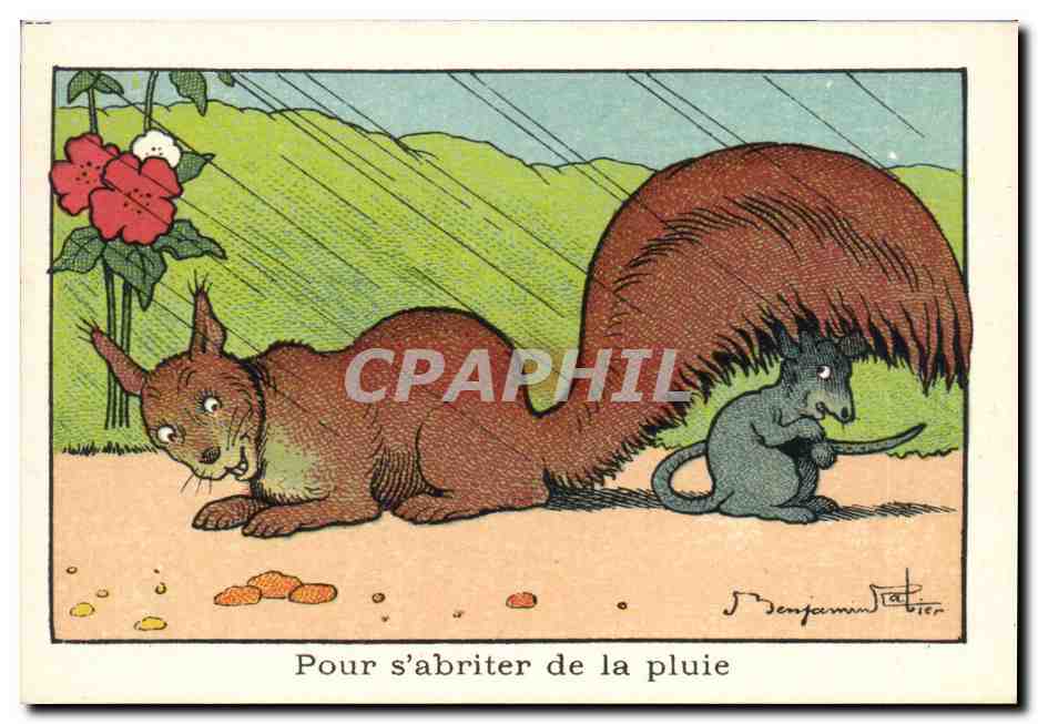 Image Benjamin Rabier Pour s'abriter de la pluie Ecureuil Souris