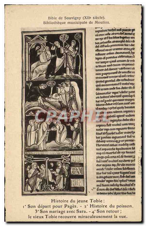 CPA Bibliotheque Bible de Souvigny Moulins Histoire du jeune Tobie Son depart pour Pages 