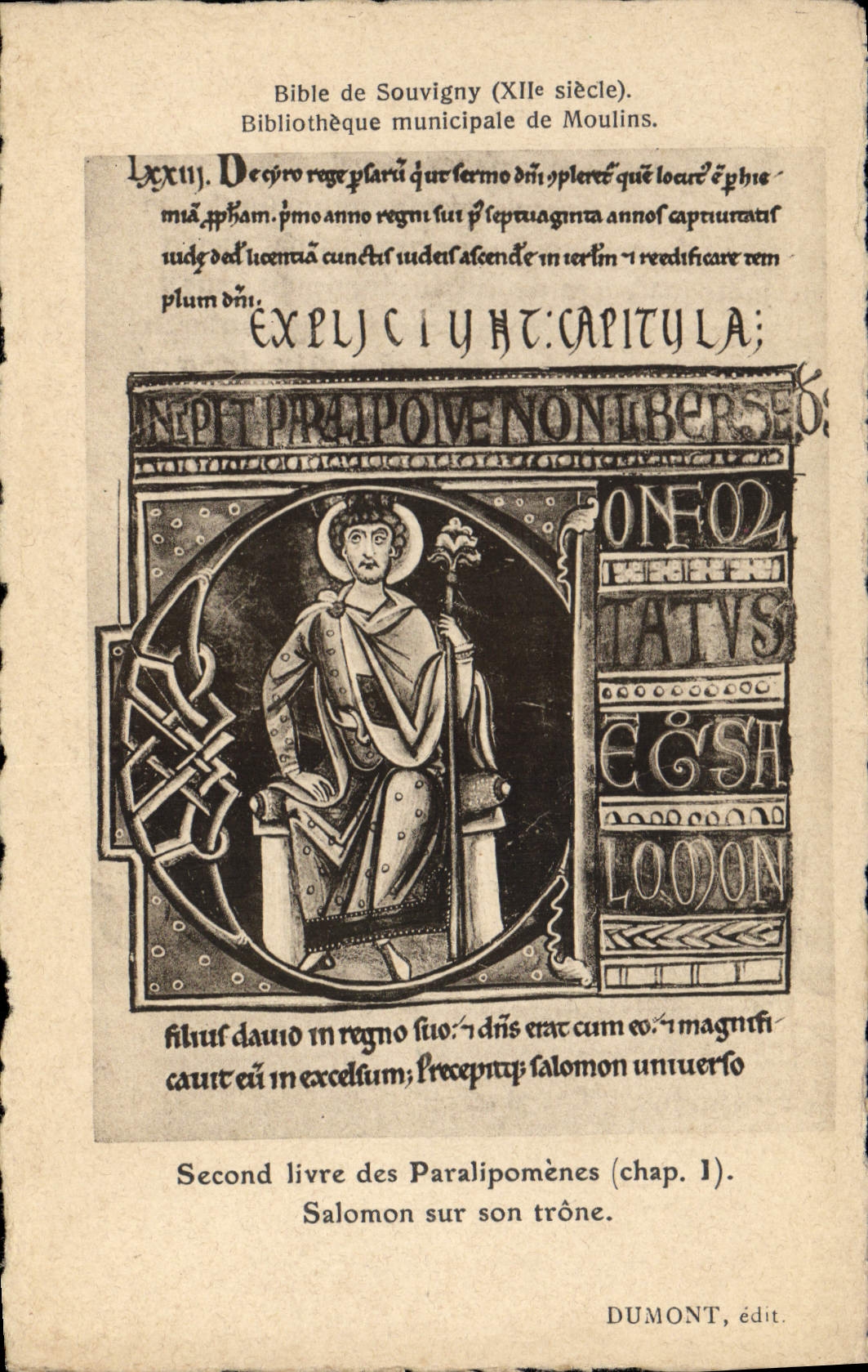 CPA Bibliotheque Bible de Souvigny Moulins Second livre des Paralipomenes Salomon sur son trone 