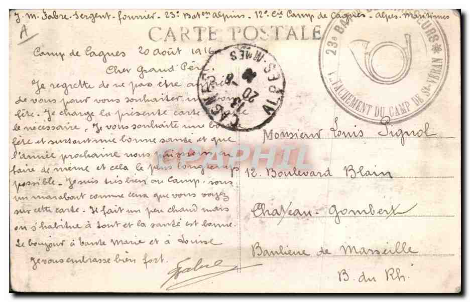 Cagnes-sur-Mer — Campement Alpin de St-Véran — Éditeur Bilez, n° 3917 — Verso